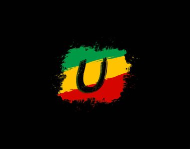 Kare Grunge 'daki U Letter logosu sıçrama ve Rasta renginde. W Harfi Reggae Biçim Simgesi Tasarımı.