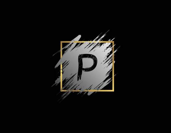 Значок Letter Мазком Кисти Золотой Рамкой Шаблон Векторного Логотипа Начальным — стоковый вектор