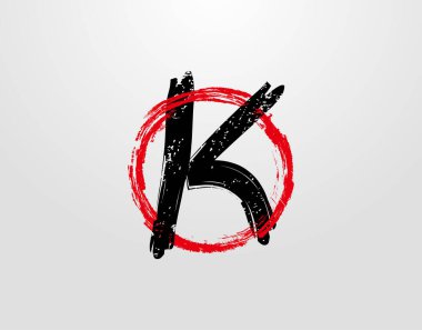 Kırmızı Çember Grunge sıçrama elementli K harfi logosu. Retro K logo tasarım şablonu.