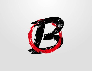 Kırmızı Çember Grunge sıçrama elementi olan B harfli logo. Retro B logo tasarım şablonu.