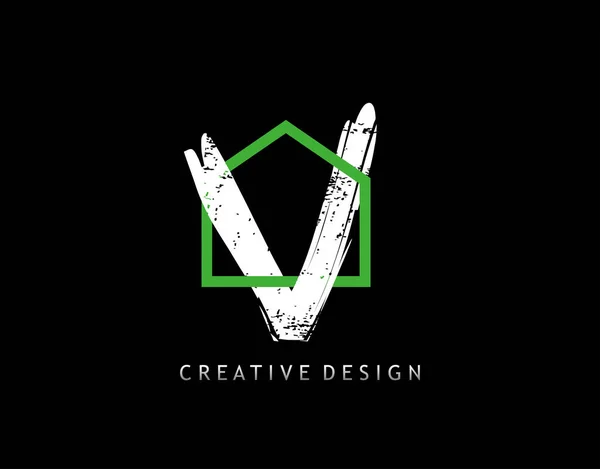 V字ロゴ 緑の家の形は グラニーレターVデザイン 不動産建築のアイコンデザインとインターロック — ストックベクタ