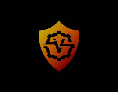 Soyut V Harf Logosu, Vites Şekli ve Modern Kalkan Tasarımı. Güvenlik Simgesi Tasarım Şablonu.