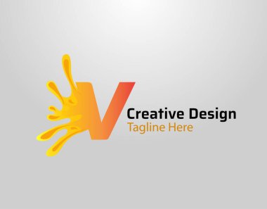 V harfi Splash Logo Simgesi. Turuncu sıçramalı V harfleri ve damlalar dizayn