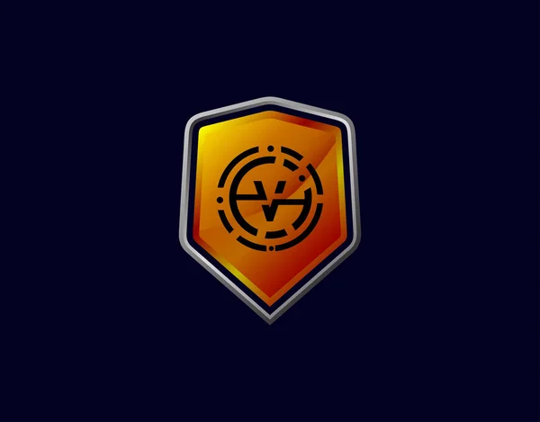 Logotipo Carta Con Engranaje Círculo Píxel Diseño Escudo Moderno Seguridad — Archivo Imágenes Vectoriales