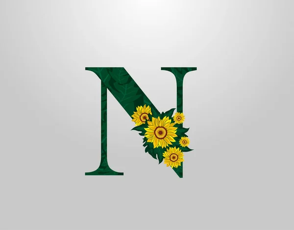 N Letter with sunflower vector design. Flower N Logo Icon. Typography design