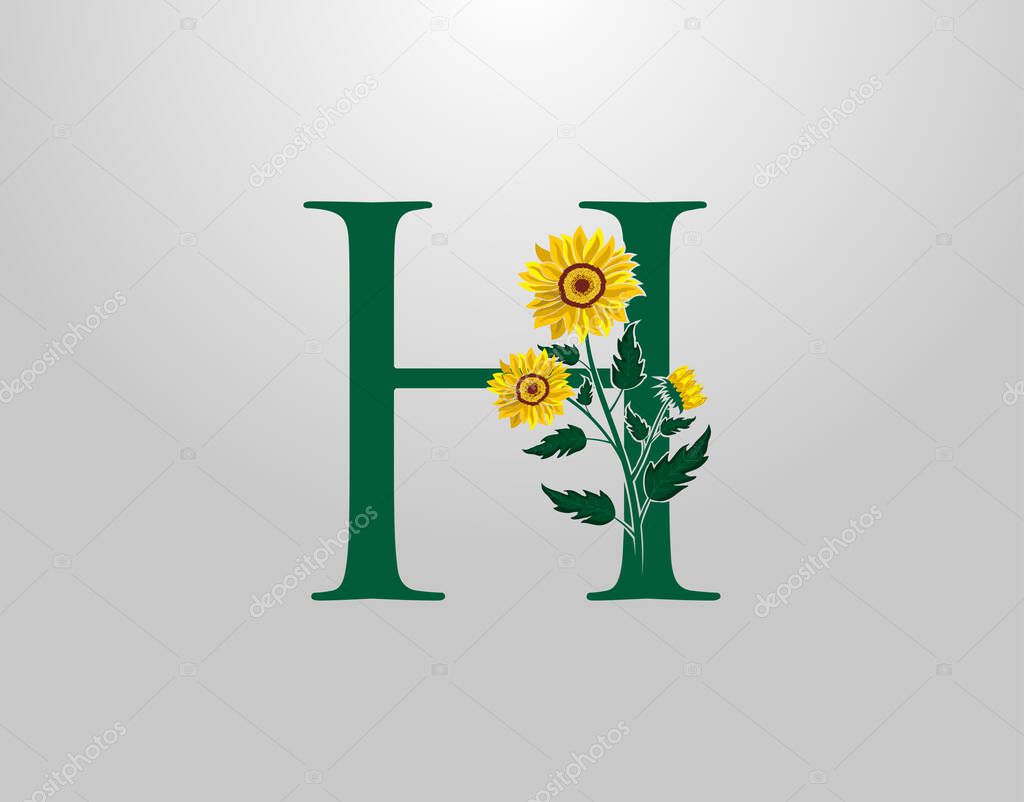 Letter H vector alphabet with sunflower. Flower Plant Logo Icon. Typography design