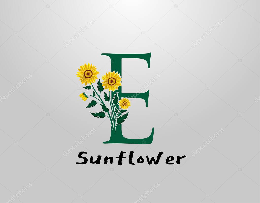 E Letter with sunflower vector design. Flower Plant E Logo Icon. Typography design