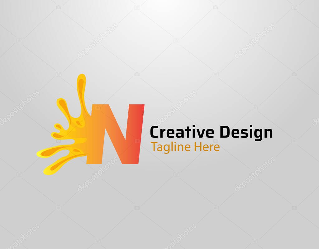 Letter N Splash Logo Icon. Initial N with orange splash and drops Design