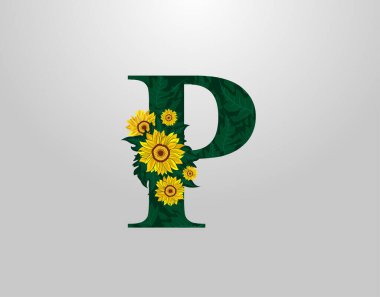 Ayçiçeği vektör dizaynlı P harfi. Çiçek P Logo Simgesi. Tipografi tasarımı