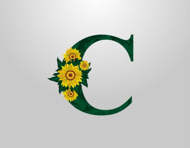 Ayçiçeği vektör dizaynlı C harfi. Çiçek C Logosu Simgesi. Tipografi tasarımı