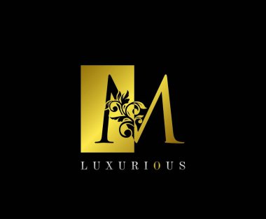 Altın M Harfi Logo Tasarımı. Negatif Alanı ve Klas Yapraklar Şekli ile Altın M Harfi Moda, Mücevher, Kozmetik, Otel ve Restoran Logosu için mükemmel bir tasarım. 