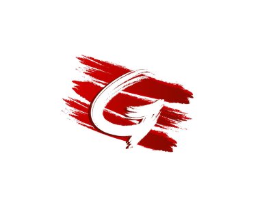 Kırmızı Şeritli G harfi amblemi Grunge sıçrama elementi. Retro Rusty logo tasarım şablonu.