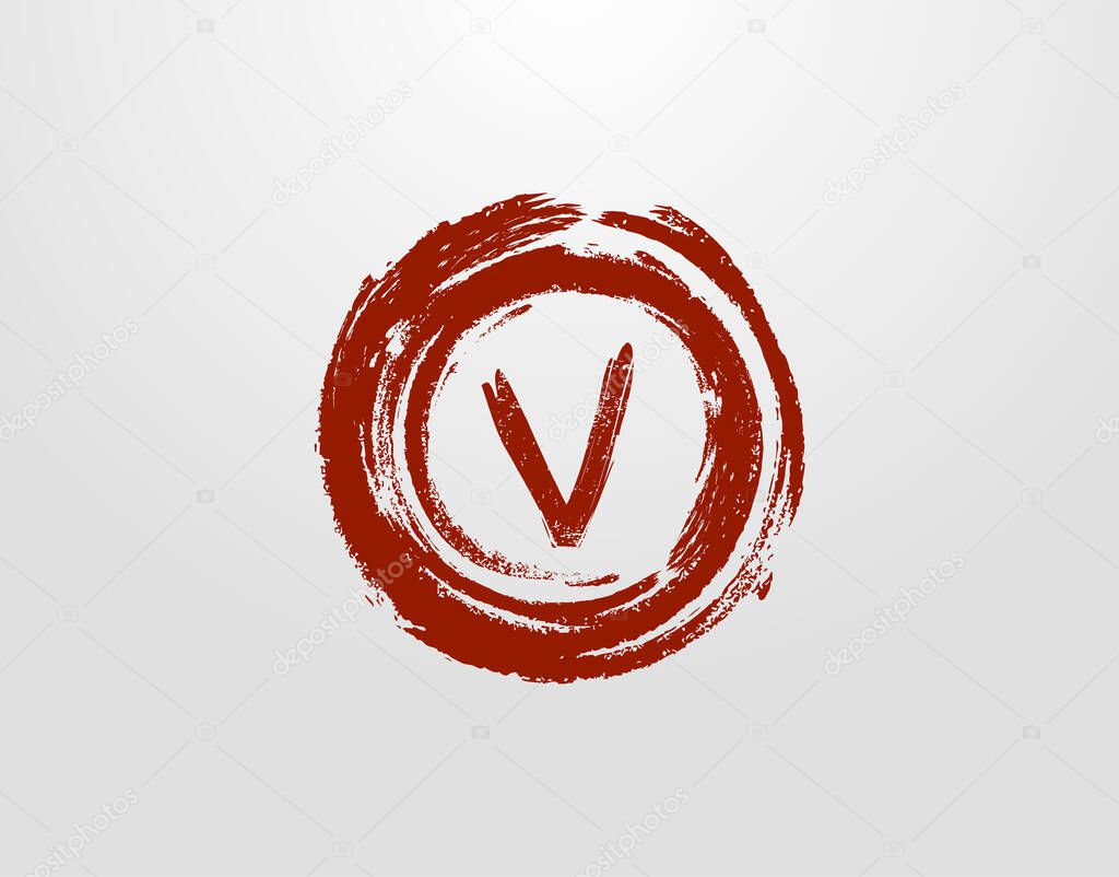 V Letter Logo With Circle Grunge Splatter Element. Retro logo design template.