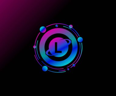 L Harfi Tasarımı. Yörünge çizgisi olan modern bir halka gezegen. Renkli soyut geometri gezegen logosu.