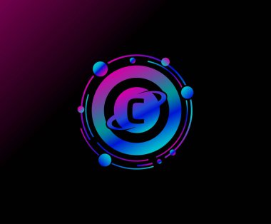 C harfi tasarımı. Yörünge çizgisi olan modern bir halka gezegen. Renkli soyut geometri gezegen logosu.