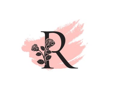 Güzellik Gülü logo tasarım şablonu, kadınsı R işareti tabelası güzellik salonu. Çiçek R Harf Simgesi Simgesi.