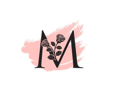 Güzellik Gülü logosu logo tasarımı şablonu, kadınsı M işareti tabelası güzellik salonu. Çiçek M Harfi Simgesi.