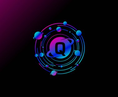 Yörünge Q Harf Tasarımı. Yörünge çizgisi olan modern bir gezegen. Renkli soyut Çember Geometri Gezegeni logosu.