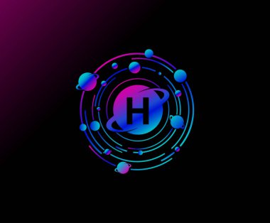 Yörünge H Harf Tasarımı. Yörünge çizgisi olan modern bir gezegen. Renkli soyut Çember Geometri Gezegeni logosu.