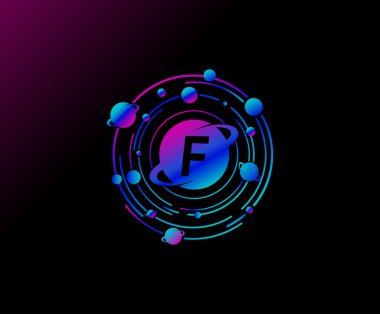 F yörüngesi harf tasarımı. Yörünge çizgisi olan modern bir gezegen. Renkli soyut Çember Geometri Gezegeni logosu.