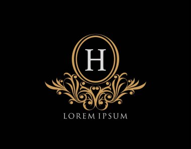 Lüks H Mektup Logosu. Şatafatlı kaligrafik klasik amblem ve güzel bir çiçek süsü. Zarif logo tasarımı Vektör illüstrasyonu.