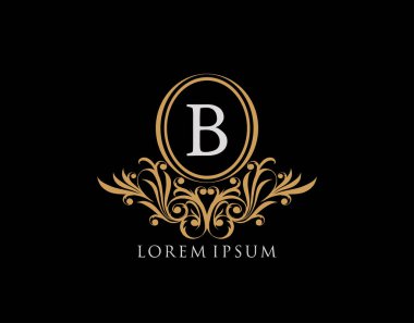 Lüks B Mektup Logosu. Şatafatlı kaligrafik klasik amblem ve güzel bir çiçek süsü. Zarif logo tasarımı Vektör illüstrasyonu.
