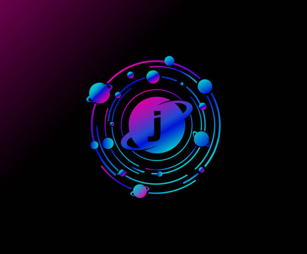 Orbit J Letter Design. Modern planet with line of orbit. Colorful abstract Circle geometry planet logo.