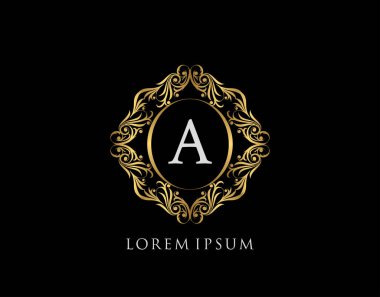 Lüks Rozet Bir Harf Logosu. Şatafatlı altın kaligrafi klasik amblemi ve güzel bir çiçek süsü. Zarif Çerçeve Tasarım Vektörü illüstrasyonu.