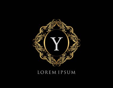 Lüks Rozet Y Harfi Logosu. Şatafatlı altın kaligrafi klasik amblemi ve güzel bir çiçek süsü. Zarif Çerçeve Tasarım Vektörü illüstrasyonu.