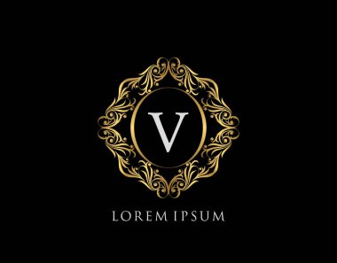 Lüks Rozet V Mektup Logosu. Şatafatlı altın kaligrafi klasik amblemi ve güzel bir çiçek süsü. Zarif Çerçeve Tasarım Vektörü illüstrasyonu.