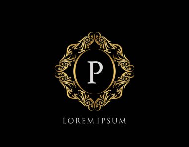 Lüks Rozet P Mektup Logosu. Şatafatlı altın kaligrafi klasik amblemi ve güzel bir çiçek süsü. Zarif Çerçeve Tasarım Vektörü illüstrasyonu.