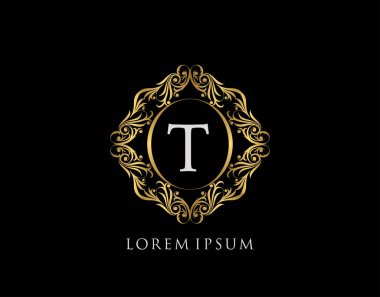 Lüks Rozet T Mektup Logosu. Şatafatlı altın kaligrafi klasik amblemi ve güzel bir çiçek süsü. Zarif Çerçeve Tasarım Vektörü illüstrasyonu.