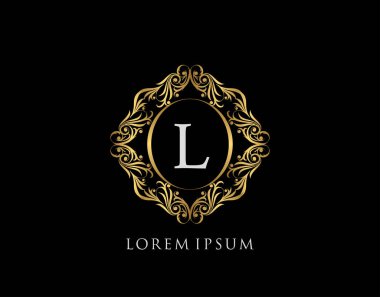 Lüks Rozet L Harfi Logosu. Şatafatlı altın kaligrafi klasik amblemi ve güzel bir çiçek süsü. Zarif Çerçeve Tasarım Vektörü illüstrasyonu.