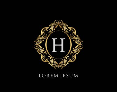 Lüks Rozet H Mektup Logosu. Şatafatlı altın kaligrafi klasik amblemi ve güzel bir çiçek süsü. Zarif Çerçeve Tasarım Vektörü illüstrasyonu.