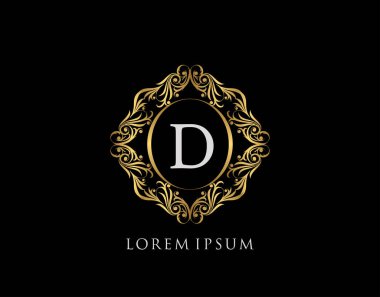 Lüks Rozet D Harf Logosu. Şatafatlı altın kaligrafi klasik amblemi ve güzel bir çiçek süsü. Zarif Çerçeve Tasarım Vektörü illüstrasyonu.