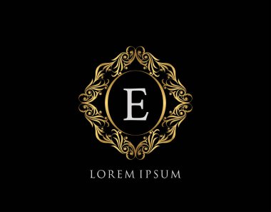 Lüks Rozet E Mektup Logosu. Şatafatlı altın kaligrafi klasik amblemi ve güzel bir çiçek süsü. Zarif Çerçeve Tasarım Vektörü illüstrasyonu.