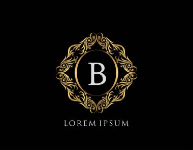 Lüks Rozet B Mektup Logosu. Şatafatlı altın kaligrafi klasik amblemi ve güzel bir çiçek süsü. Zarif Çerçeve Tasarım Vektörü illüstrasyonu.