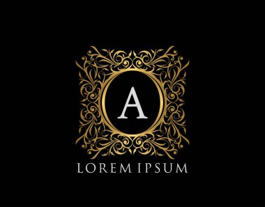 Lüks Rozet Logosu A. Şatafatlı altın kaligrafi klasik amblemi ve güzel bir çiçek süsü. Klas Çerçeve Tasarım Vektörü illüstrasyonu.