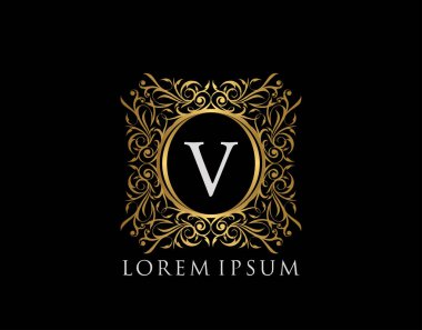 Lüks Rozet Harfi V Logosu. Şatafatlı altın kaligrafi klasik amblemi ve güzel bir çiçek süsü. Klas Çerçeve Tasarım Vektörü illüstrasyonu.