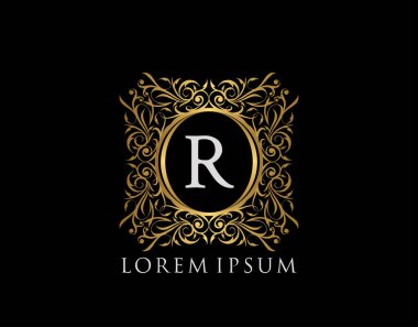Lüks Rozet R Logosu. Şatafatlı altın kaligrafi klasik amblemi ve güzel bir çiçek süsü. Klas Çerçeve Tasarım Vektörü illüstrasyonu.