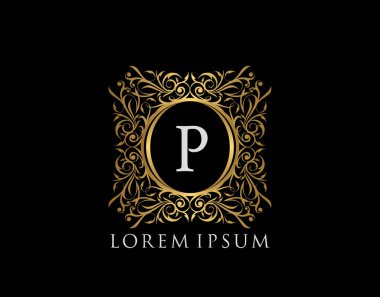 Lüks Rozet P Logosu. Şatafatlı altın kaligrafi klasik amblemi ve güzel bir çiçek süsü. Klas Çerçeve Tasarım Vektörü illüstrasyonu.