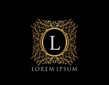 Lüks Rozet L harfi logosu. Şatafatlı altın kaligrafi klasik amblemi ve güzel bir çiçek süsü. Klas Çerçeve Tasarım Vektörü illüstrasyonu.
