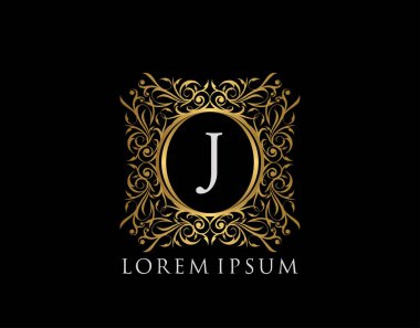 Lüks Rozet J harfi logosu. Şatafatlı altın kaligrafi klasik amblemi ve güzel bir çiçek süsü. Klas Çerçeve Tasarım Vektörü illüstrasyonu.