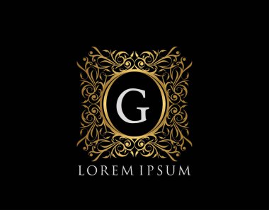 Lüks Rozet G harfi logosu. Şatafatlı altın kaligrafi klasik amblemi ve güzel bir çiçek süsü. Klas Çerçeve Tasarım Vektörü illüstrasyonu.