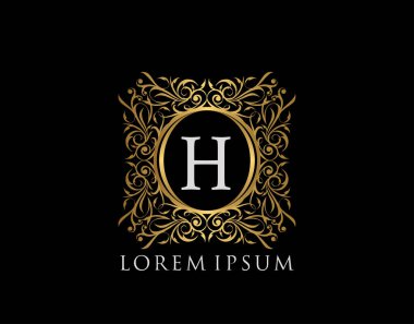 Lüks Rozet H harfi logosu. Şatafatlı altın kaligrafi klasik amblemi ve güzel bir çiçek süsü. Klas Çerçeve Tasarım Vektörü illüstrasyonu.