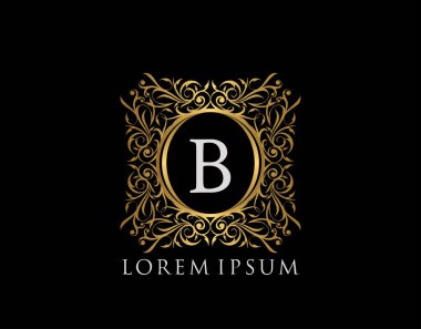 Lüks Rozet B Logosu. Şatafatlı altın kaligrafi klasik amblemi ve güzel bir çiçek süsü. Klas Çerçeve Tasarım Vektörü illüstrasyonu.