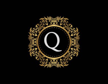 Lüks Rozet Harfi Q Logosu. Güzel bir çiçek süsüyle süslü altın kaligrafi amblemi. Klas Çerçeve Tasarım Vektörü illüstrasyonu.