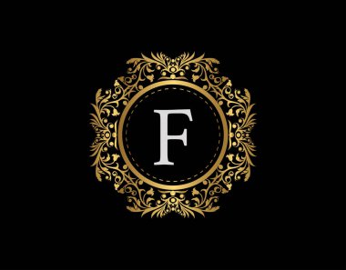 Lüks Rozet F harfi logosu. Güzel bir çiçek süsüyle süslü altın kaligrafi amblemi. Klas Çerçeve Tasarım Vektörü illüstrasyonu.