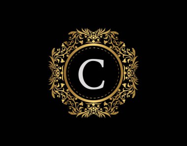 Lüks Rozet C harfi logosu. Güzel bir çiçek süsüyle süslü altın kaligrafi amblemi. Klas Çerçeve Tasarım Vektörü illüstrasyonu.