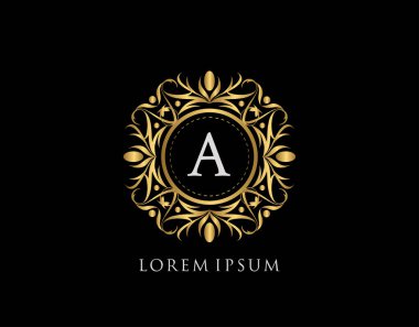 Altın Rozet Bir Harf Logosu. Şatafatlı kaligrafik klasik amblem ve güzel bir çiçek süsü. Klasik Çerçeve Tasarımı Vektör illüstrasyonu.